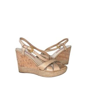 Prada Beige Leather Cork Woven Heels Espadrilles Slingback Wedge Sandals‎ 6.5